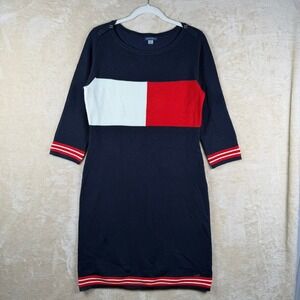 Tommy Hilfiger Navy Blue Knit Sweater‎ Dress M Colorblock 3/4 Sleeve Nautical